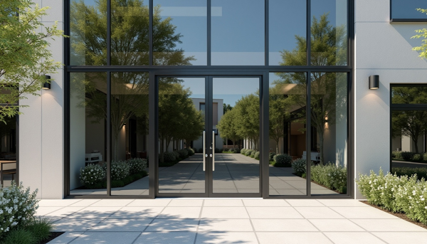 Modern entrance area with a large glass facade covered with film, reflective windows, and elegant architecture surrounded by green landscaping.