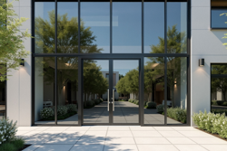 Modern building entrance with a large glass front and solar protection films for improved heat insulation and privacy.