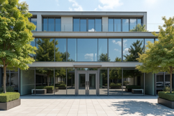 Modern building facade with large mirrored windows and solar protection films that reduce heat and provide glare-free light.